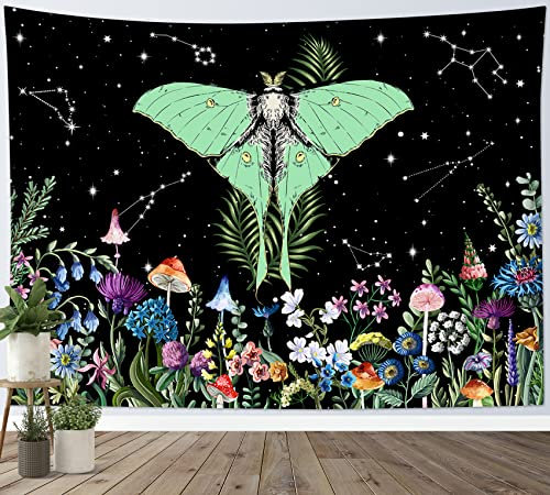 LB Motte Wandteppich Bunter Pilz und Blumen Wandtuch Astrologie Wandbehang Schwarz und Weiß Tapisserie für Wohnzimmer Schlafzimmer Wohnheim Wanddeko,150x130cm