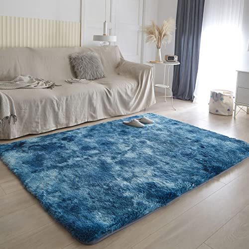Lifup Rechteck Langflor Teppich Flauschig, Teppich Shaggy Anti Rutsch Pflegeleicht für Wohnzimmer Schlafzimmer Kinderzimmer Batik Navy Blau 200 x 300 cm