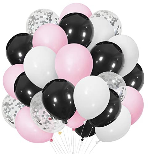 Humew Lot de 30 ballons roses noirs de 30 cm avec confettis argentés, parfaits pour les anniversaires, les mariages, les fêtes prénatales, les décorations de fête sur le thème de la princesse, les
