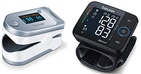 Beurer PO 60 Oxymètre de pouls avec Bluetooth, détermination de la saturation artérielle en oxygène dans le sang & BC 54 Tensiomètre au poignet connecté Bluetooth, technologie par inflation