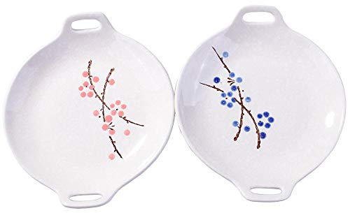 Piatti piani giapponesi in ceramica dipinti a mano, set di 2 piatti piani in ceramica, piatti per la casa (blu, rosso)