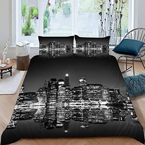 RFFLUX 3D New York Bettwäsche Set 135x200 cm 2teilig mit Reißverschluss Weiche und Angenehme Schlafkomfort Microfaser Bettbezug Modern Stadt Landschaft Kinderbettwäsche mit Kissenbezug 80x80 cm