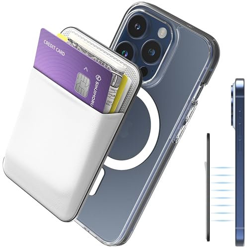 Sinjimoru [2022 Updated] iPhone 14 Basic Magnetic Wallet for Apple Magsafe, Stretchy Fabric Cell Phone Card Holder for Back of Phone for iPhone 12, 13 & 14 Series. M-Basic (White)