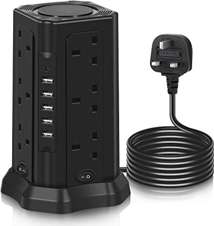 Tower Extension Lead with 5 USB Slots(5V/3.1A), GLCON 12 Way Multi Plug Extension Sockets(13A/3250W) with Extension Cable 3M, Plug Tower Power Tower Strip for Home Office