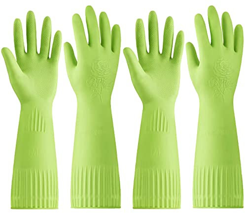 Disfore 2 pares de guantes de goma, guantes de limpieza reutilizables antideslizantes, guantes de manga larga impermeables para lavar platos para proteger tus manos, guantes de cocina suaves y