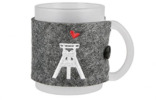 GILDE - 50833 - Glas Tasse, Milchglas, satiniert, Filzbanderole grau, Ruhrpott Zeche, 9,5cm x 11,5cm x 8cm, 330ml