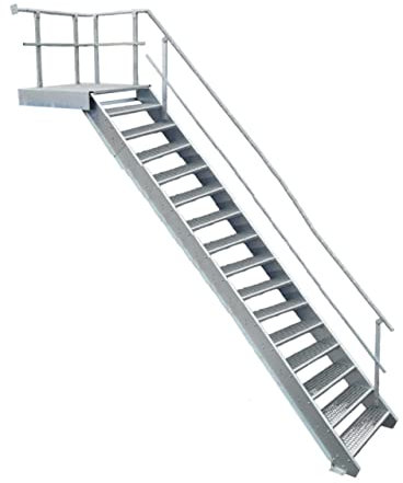 Podesttreppe / 15 Stufen + Podest Stahltreppe mit Geländer rechts/Stufenbreite 100cm / Geschosshöhe 274-340cm