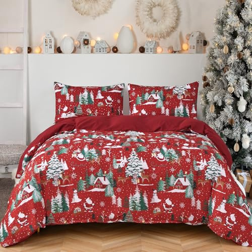 DJY Set copripiumino matrimoniale natalizio, 3 pezzi, motivo Babbo Natale, fiocchi di neve e albero, rosso in morbida microfibra spazzolata (matrimoniale, 200 x 200 cm)