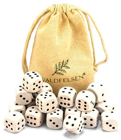 Waldfelsen® 6, 12, 20, 30 o 50 dadi in legno di faggio di alta qualità in vero legno di faggio di Waldfelsen®, cubi da gioco in legno, cubi standard da 16 mm, con sacchetto di stoffa (bianco, 20 pezzi