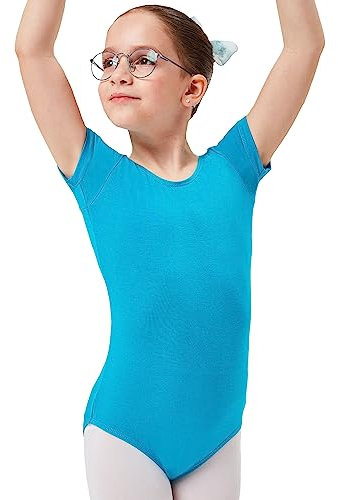 tanzmuster Ballettanzug Mädchen Kurzarm - Sally - aus weichem Baumwollstoff - Ballett Trikot Ballettbody - petrol, Größe 128/134