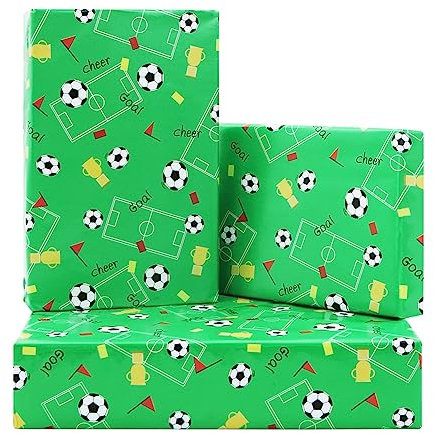 Fußball Geschenkpapier, Fußball Feld Sport Trophäe Geschenkpapier, 4 Blatt 50 x 70 cm pro Blatt, Geburtstags Geschenkpapier für Jungen, Kinder, Männer, Geburtstag, Urlaub