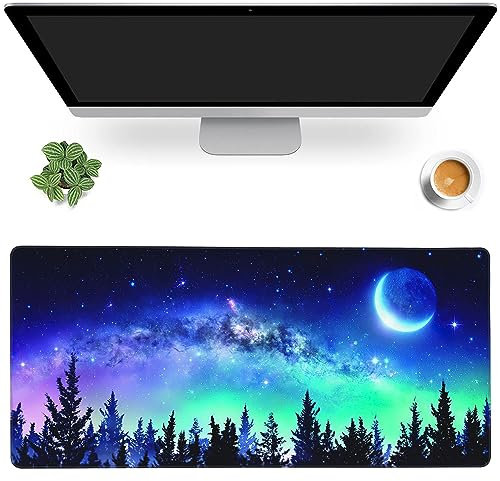 MIOAOSRT Schreibtischunterlage, Milchstraße und Mond im Nachtwald, großes Gaming-Mauspad mit genähten Kanten, rutschfestes Computer-Mauspad für Schreibtisch, erweiterte XXL-Tastatur und Mauspad, 89,9