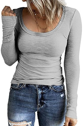 TrendiMax Womens Long Sleeve Knitted Tops Ladies Crew Neck Fitted Tunic T Shirts Gray