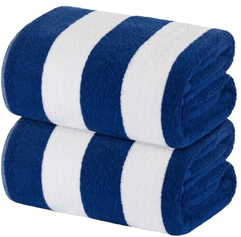 White Classic Stripe Cabana Beach Towels Oversized 2 Pack, Cotton Bath Towel Large - Luxury Plush Thick Hotel Swim Pool Towels for Adults Super Absorbent Quick Dry - 35x70 Mild Navy Blue | 2 Pack