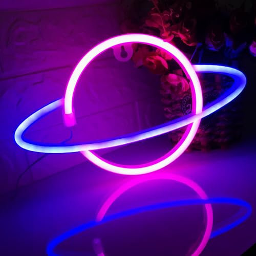 Pink+Blue Planet Neon Schild Einfach zu bedienen Schlafzimmer Wohnzimmer Nachtlicht USB/Batterie Dual Purpose LED Zeichen Geburtstag Hochzeit Party Weihnachtsdekoration Wanddekoration