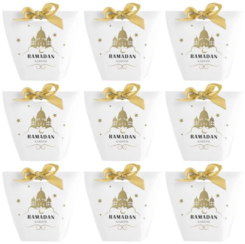 SPHERETRON Eid Mubarak Süßigkeitenbox,30 Stück Ramadan Papiertüten mit Bändern,Eid Mubarak Geschenkboxen,Ramadan Geschenkschachteln,Ramadan Geschenkbox für Muslim Eid Party Zubehör.