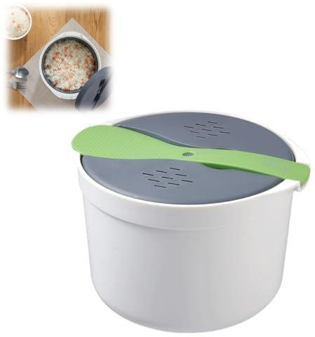 Microwave Rice Cooker 2L Plastic Food Grade Microwave Cookware Non Stick Rice and Pasta Cooker Includes Rice Scoop Lid Strainer and Steaming Pot for Vegetable Dishwasher (Green)