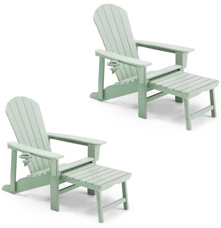 VonHaus Set of 2 Green Adirondack Chair & Folding Foot Stool - Waterproof HDPE Garden Chair & Lounger with Foldable & Sliding Foot Rest, Wide Armrests & Sloped Back - For Patio, Balcony & Outdoors