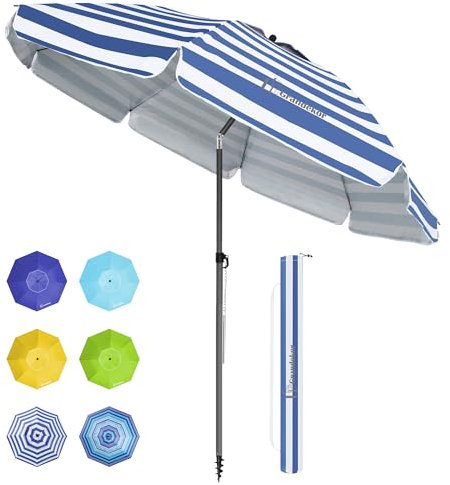 Grandekor Parasol de plage, parasol de jardin exterieur | UV50+ | Ombrelle réglable en hauteur et inclinaison | Avec ancre de plage de 12cm, Pour plage, balcon & terrasse, 200cm, Rayure Bleue Blanche
