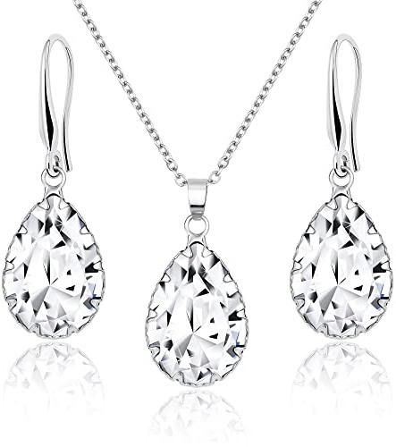 Linawe Crystal Jewellery Sets for Women, Imitation Diamond Pendant Necklace, Rhinestone Drop Dangle Earrings, Birthstone Cubic Zirconia Matching Wedding Jewellery, 14K Gold/Rose Gold/Silver Tones