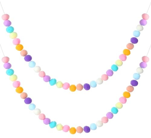 2 PCS 200cm Pom Pom Garland 24 Colorful Wool Furry Ball Handmade Cute Balls String Paper Pom Poms Hanging Decorations for Wall Mardi Gras Easter Halloween Thanksgiving Christmas Tree (Macaron Color)