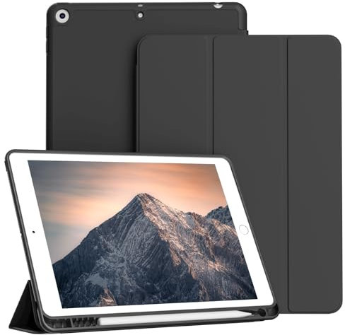 KVTVOU Hülle für iPad 9. / 8. / 7. Generatioon 2021/2020/2019 10,2 Zoll Hülle mit Stifthalter, Weiche TPU Rückseite Abdeckung, Trifold Ständer, Tragbar, Ultradünn, Auto Wachen/Schlafen, Schwarz