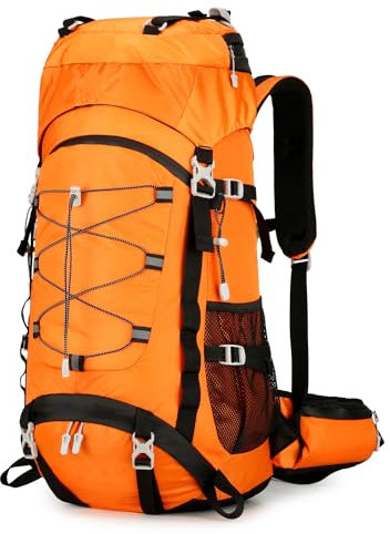 Outplea Wanderrucksack 60l Herren Damen, Bequem Trekkingrucksack mit Regenschutz, Wasserdichter Reiserucksack für Camping Wandern Bergsteigen, Orange