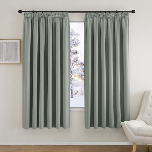PONY DANCE Extra Wide Curtains 90x72 for Room Darkening Sage Green Blackout Curtains with Hooks for Track Window Curtains for Living Room/Childerns Bedroom, 1 Pair, W90 X L72 Inch, Sage Green