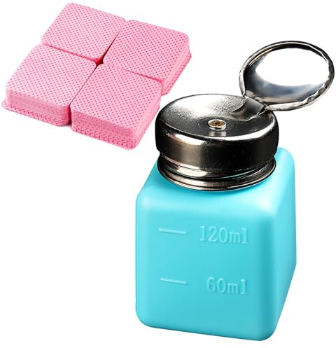 FSpronail Pump Bottle Dispenser 120ml Nail Polish Remover Pump Metal Push Down Pump Dispenser 200Pcs Lint Free Nail Wipes Alcohol Dispenser Eye Makeup Remover Pump Push Down Empty Bottle -Blue