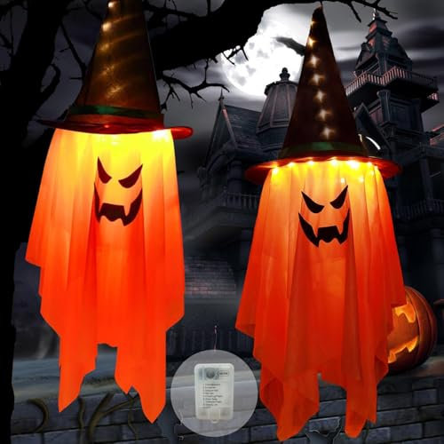 Decorazione di Halloween Cappello Strega Appeso Luci Woukksy 2 Pezzi Fantasma con LED,Decorazione Appesa per Esterni da Giardino Cortile,Design con Cappello da Strega,Arancia
