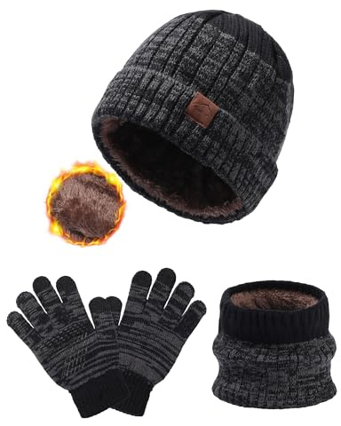 WELROG Children's Winter Hat Scarf Gloves for Boys Girls Winter Hats Scarfs Set for Children 4-15 Years Warm Outdoor Hat and Scarf for Kids Winter Ski Suit Black