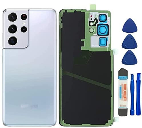 Coque arrière en verre de rechange pour Samsung Galaxy S21 Ultra 5G SM-G9998B G998U G998U1 G998W Boîtier de porte avec lentille en verre appareil photo et rubans préinstallés, argent