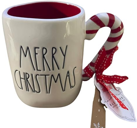 Rae Dunn Ceramic MERRY CHRISTMAS with Candy Cane Handle - White LL Coffee Mug bundled with Artistix Christmas Shoppe Gift Tag
