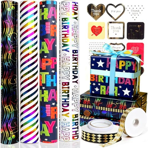 oeeo 4 Rollen Geschenkpapier Geburtstag,43cm x 3m Geschenkpapierrollen Junge, Recycelbares wrapping paper,4 Verschiedene Muster Geschenkpapierrolle für Weihnachten Kindergeburtstag Hochzeit