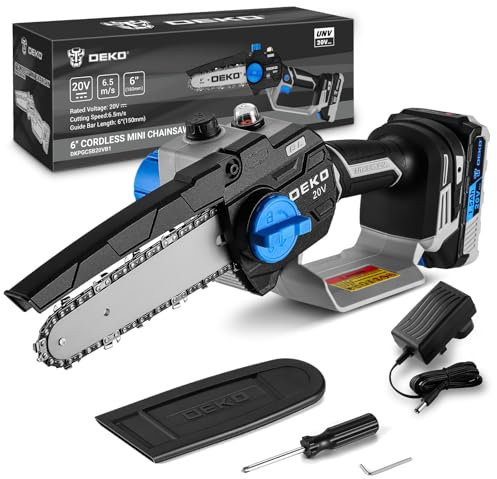 Brushless Chainsaw Cordless: DEKOPRO 6 Inch 2000mAh Mini Electric Hand Chain Saw Battery Powered Handheld Portable Power Small Chainsaws Garden Tools for Wood/Tree Cutting, Gardening Gifts for Men