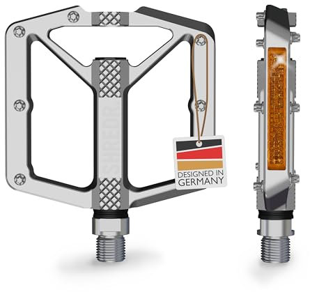 SHREDR. Shine Pedale für MTB | Hochwertige Flatpedals fürs Mountainbike | Mit Reflektoren (StVZO konform). (Silber, M)