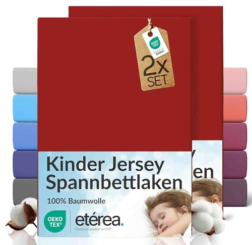 etérea Jersey 2er Set Spannbettlaken 80x160cm - 80x180cm Kirsche bis 20 cm Höhe - 100% Baumwolle Spannbetttuch Oekotex - Kinder Doppelpack Bettlaken 80x160 cm - 80x180 cm - Rot