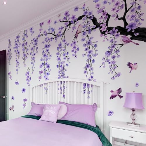 Lilac Purple Wall Decor 4 Sheets Large Cherry Blossom Tree Wall Stickers | Spring Purple Flower Bird Wall Decals Peel and Stick Wall Murals Decor for Living Room Bedroom (Purple, 11.8 * 35.4inch)