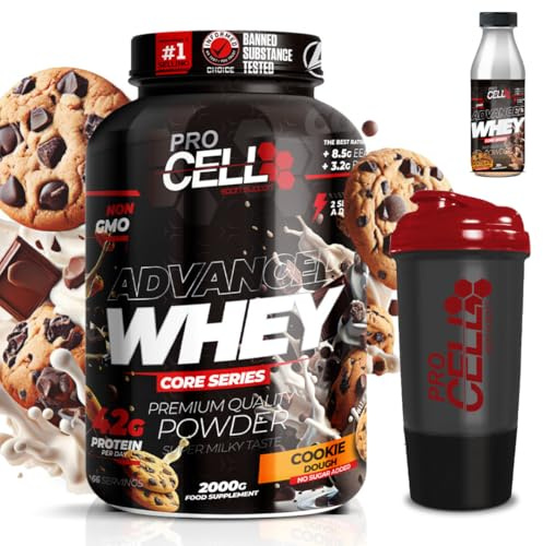 PACK Procell Proteinas Whey Advanced 2Kg (Cookie Dough) + Batido Monodosis + Shaker REGALO Proteina Whey concentrada Gana masa muscular, proteina en polvo Batidos de Proteina