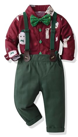 Yoolhamy Set Bambino Ragazzo Camicia di Natale Costume da Gentiluomo Abbigliamento Bambini Camicia a Maniche Lunghe e Pantaloni con Spalline Fiocco a Farfalla