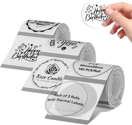 NIIMBOT Etiquetas para etiquetadora B1,B2,B2 Pro,B21,B21 Pro | 3 Rollos,50 x 50 mm Redonda transparente,Impermeables y resistentes al aceite,para el hogar,la escuela y la oficina