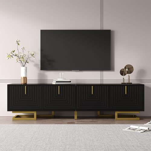Merax TV Stand Cabinet, Black TV Unit Storage Cabinet with 4 Doors, Textured Doors Design, Stabilizing Golden Handles and Golden Legs, 160 x 38 x 44.5 cm