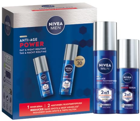 NIVEA MEN Anti-Age Gesichtspflege Set – Geschenkset mit Anti-Age Power Serum (30 ml) und Feuchtigkeitscreme (50 ml) – Pflegeset für jünger aussehende Haut in 2-4 Wochen
