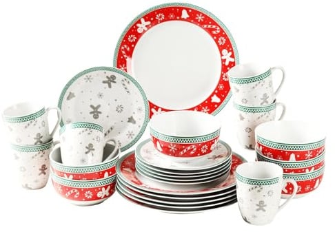 simpa 24PC Christmas Gingerbread Men Ceramic Porcelain Dinner Set. 6 Dinner Plates, 6 Side Plates, 6 Bowls & 6 Mugs. Dishwasher & Microwave Safe.