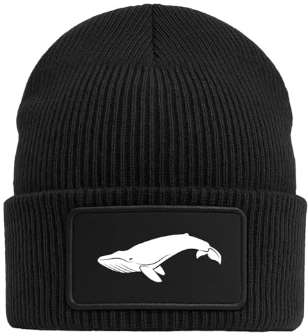 Huuraa Beanie Wal Silhouette Geschenk | Black Geschenkidee Schwarze Rippstrick Wintermütze mit austauschbarem Klett Patch