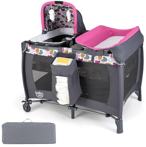 COSTWAY Cuna de Viaje Bebe con Colchón, 5 en 1 Centro de Actividades para Bebés con Cuna Mecedora y Cambiador, Barra de Juguetes, Caja de Música y Bolsa de Transporte, Ruedas Móviles (Rosa)