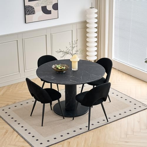 DEYARNA HOME 115cm Runder Esstisch mit 4 Esstischstühlen, Küchentisch aus MDF (Marmor-Imitat-Optik) und 4 Gepolsterte Stühle für Küche, Esszimmer, Wohnzimmer (Schwarzer Tisch + Schwarze Stühle)
