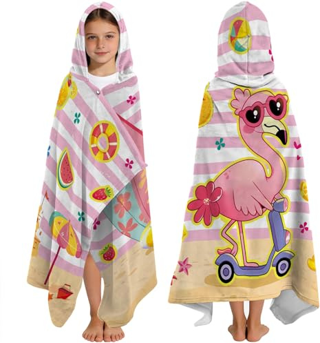 Yasrlvun Flamingo-Kapuzenhandtücher für Kinder 127x76 cm Poncho-Handtücher für Jungen und Teenager Strandtuch für Schwimmbad Niedlicher Flamingo Tragbares Badetuch