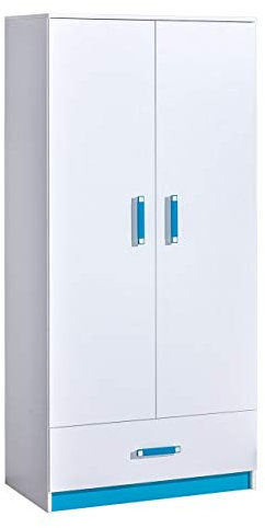 Furniture24 Kleiderschrank TRAFIKO 01, 2 Türiger Drehtürenschrank, Schrank mit Kleiderstange und Schublade für Jugendzimmer, Kinderzimmer (Weiß/Türkis)