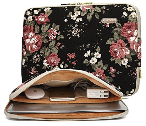 KAYOND Black Chinese Rose Pattern Water-resistant 12.5 inch 13 inch Canvas laptop sleeve for 13.3 inch laptop,macbook air 13, macbook pro 13/14?, ipad Pro 12.9 (13-13.3 Inch, Black C Rose)